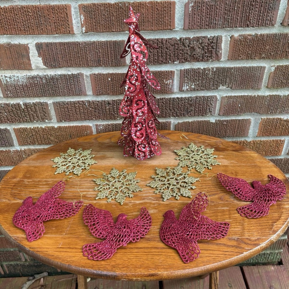 Christmas ornament bundle Red and gold Doves Snow flakes and Tree topper 9 pc